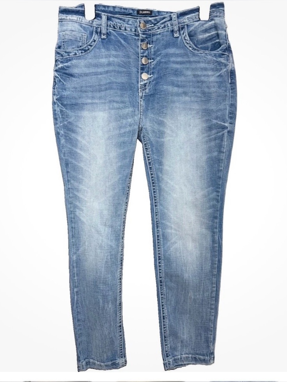 Flamingo Women's Cropped Skinny Jeans Size L ,Light Wash Button Fly Whiskered